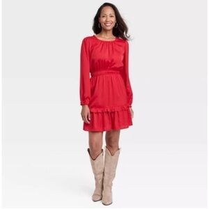 Knox Rose Red Long-Sleeve Ruffle Mini Casual Red Dress Women’s Size M NWT